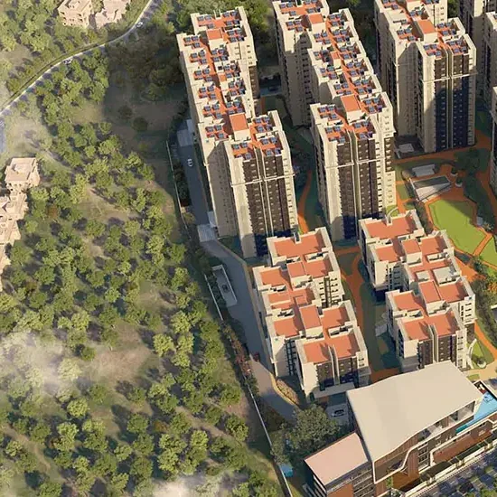 Brigade Citadel, Moti Nagar, artistic impression An aerial view of the towers, the clubhouse and its pool at Brigade Citadel