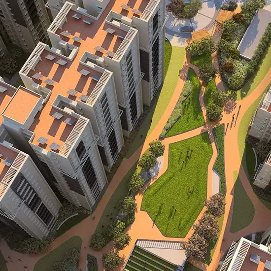 Brigade Citadel, Moti Nagar, artistic impression Rooftops and landscaped paths seen from above at Brigade Citadel