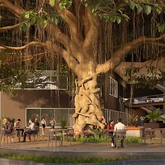 Brigade Citadel, Moti Nagar, artistic impression Seating around a 100-year-old banyan tree at Brigade Citadel