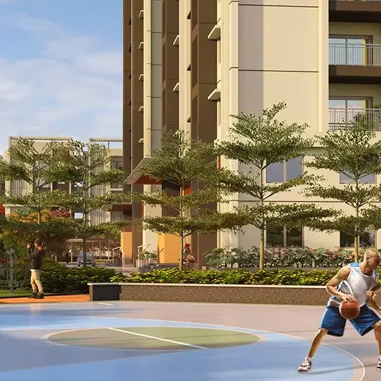 Brigade Citadel, Moti Nagar, artistic impression A basketball court among trees and towers at Brigade Citadel