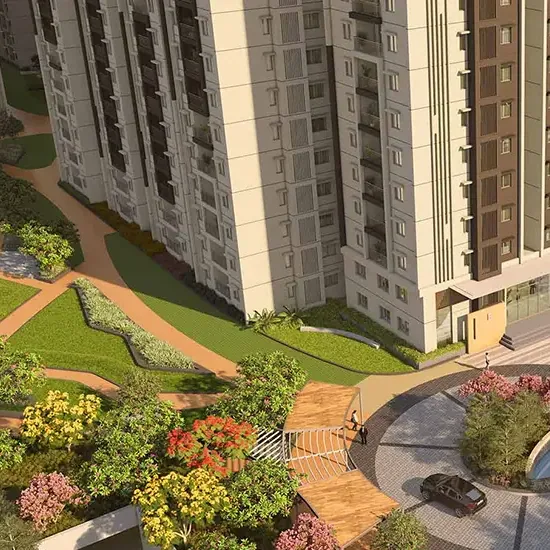 Brigade Citadel, Moti Nagar, artistic impression A landscaped drop-off court below the towers at Brigade Citadel